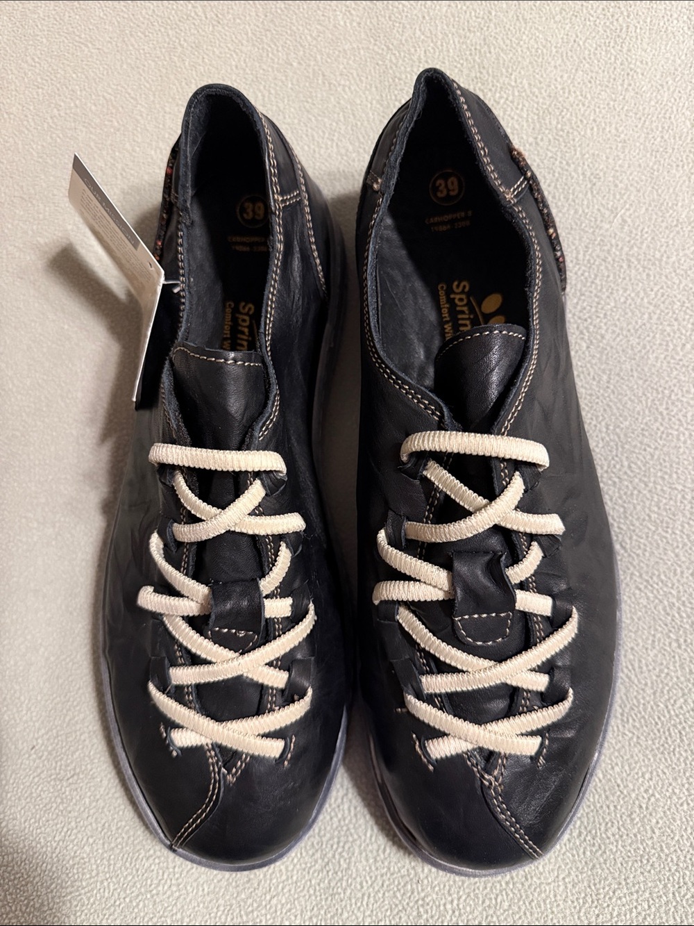 Spring Step Black Leather Men's Casual Sneakers with Cream Laces